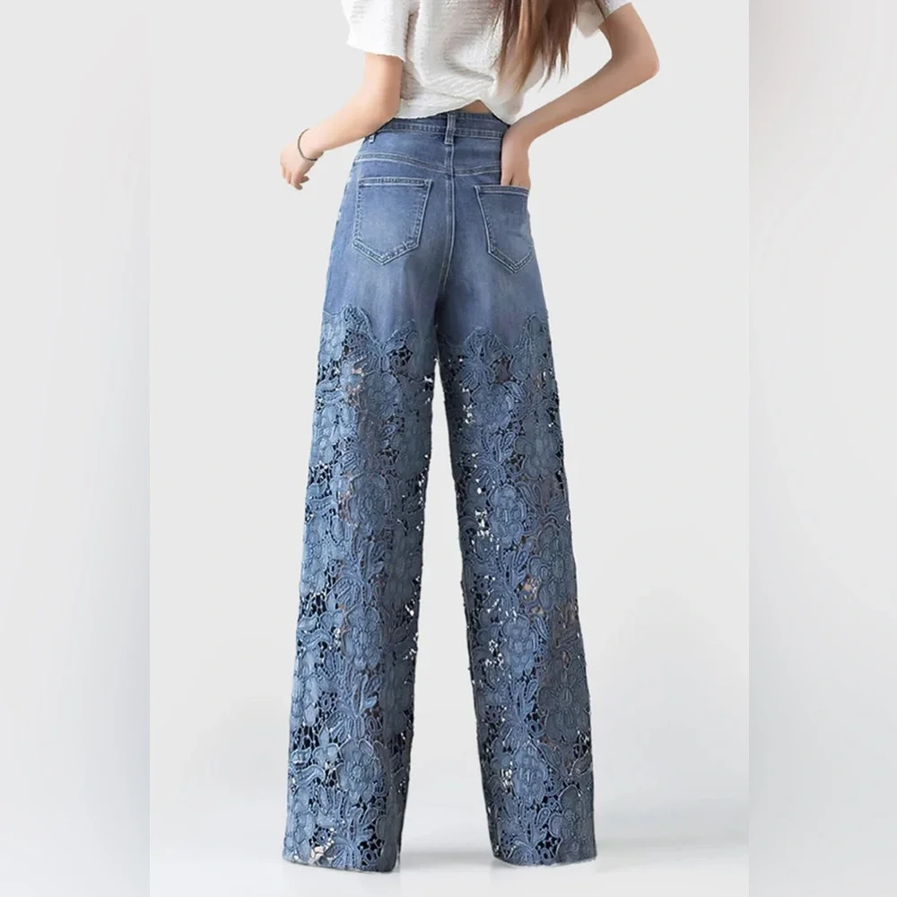 Micas Unique Floral Lace Overlay Denim Jeans NWT - Picture 2 of 13